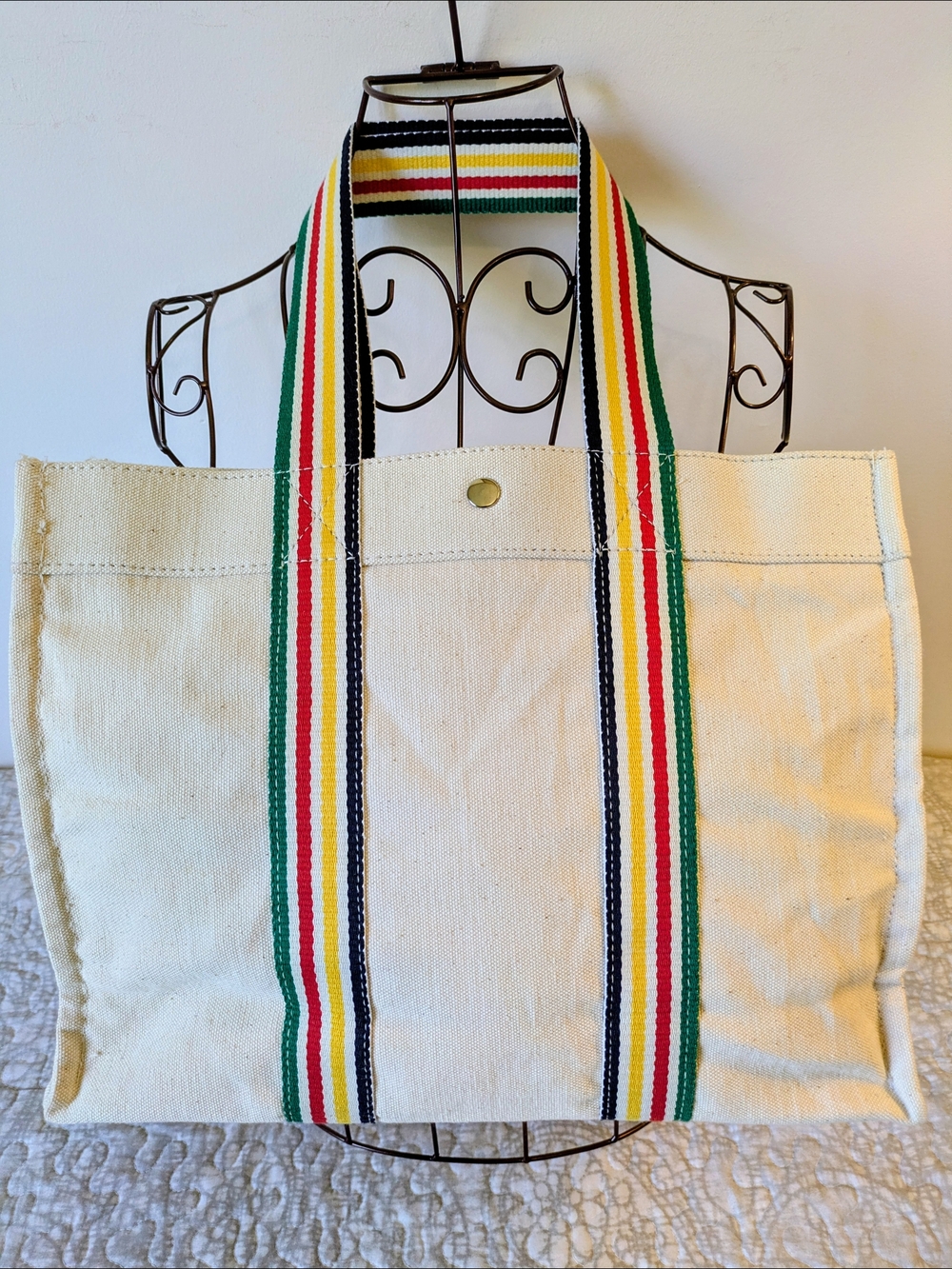 Hudson's Bay Company Cream Canvas Tote with Multicolor Striped Webbing Handles